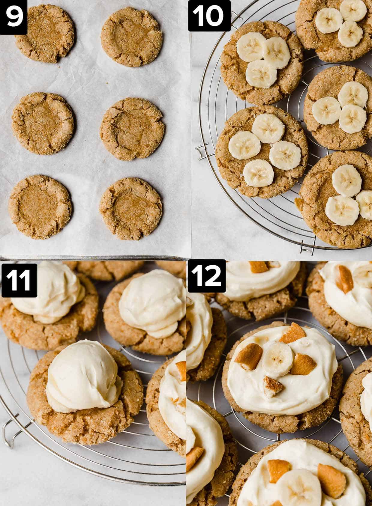 Banana Cream Pie Cookies process photos: top left to bottom right, six cookies on baking sheet, banana slices on top of the cookies, banana cream filling on the cookies, finished cookies with topping and Nilla Wafer chunks.