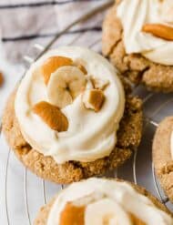 A Banana Cream Pie Cookie topped with a banana slice and Nilla Wafer chunks.