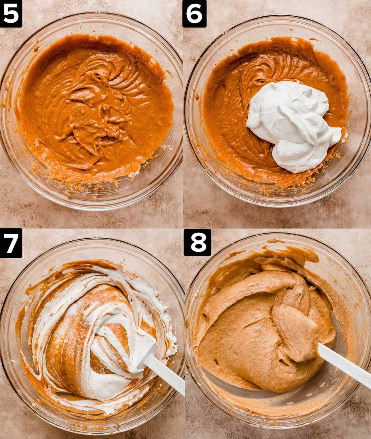 Four images showing the making of Biscoff Pumpkin Pie filling in a glass bowl on a light brown background.