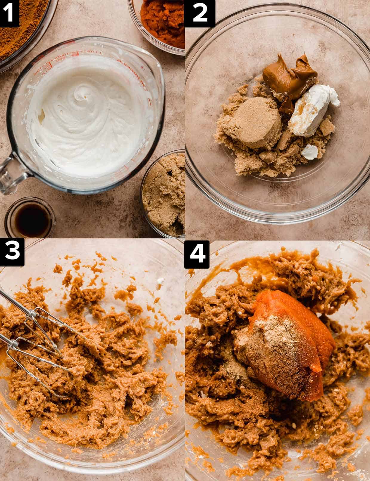 Four photos showing the making of Biscoff Pumpkin Pie, whipped cream, and then ingredients in a glass bowl.