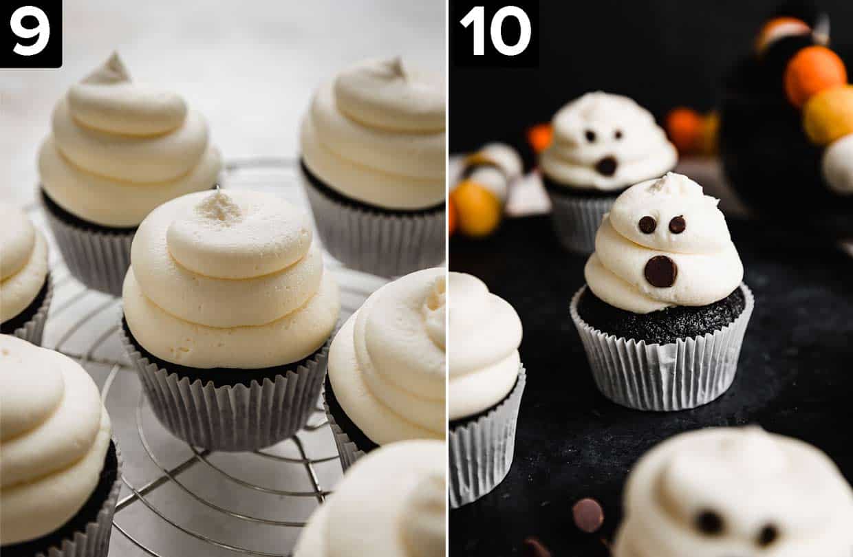 Two images: left photo has white frosting topped cupcakes, right photo is of Ghost Cupcakes against a black background.