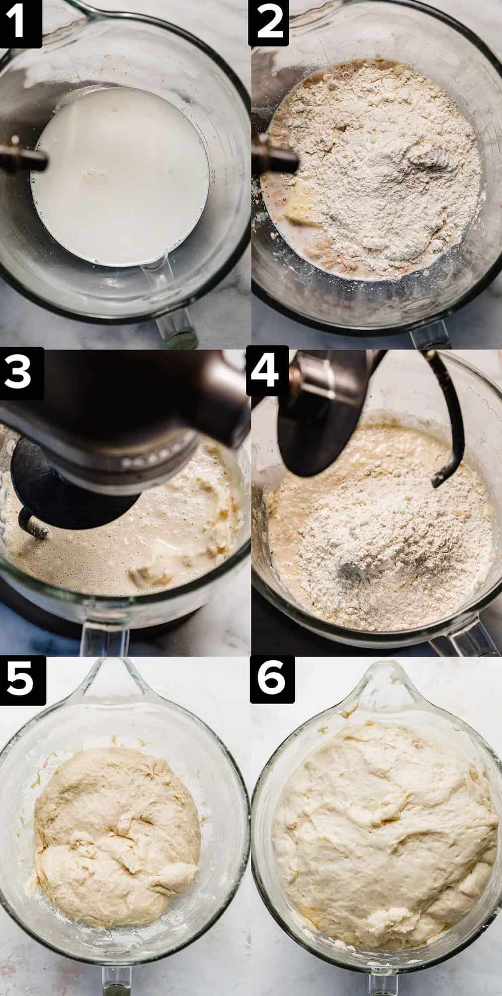 Six photos showing how to make Lion House Rolls dough in a glass stand mixer bowl.