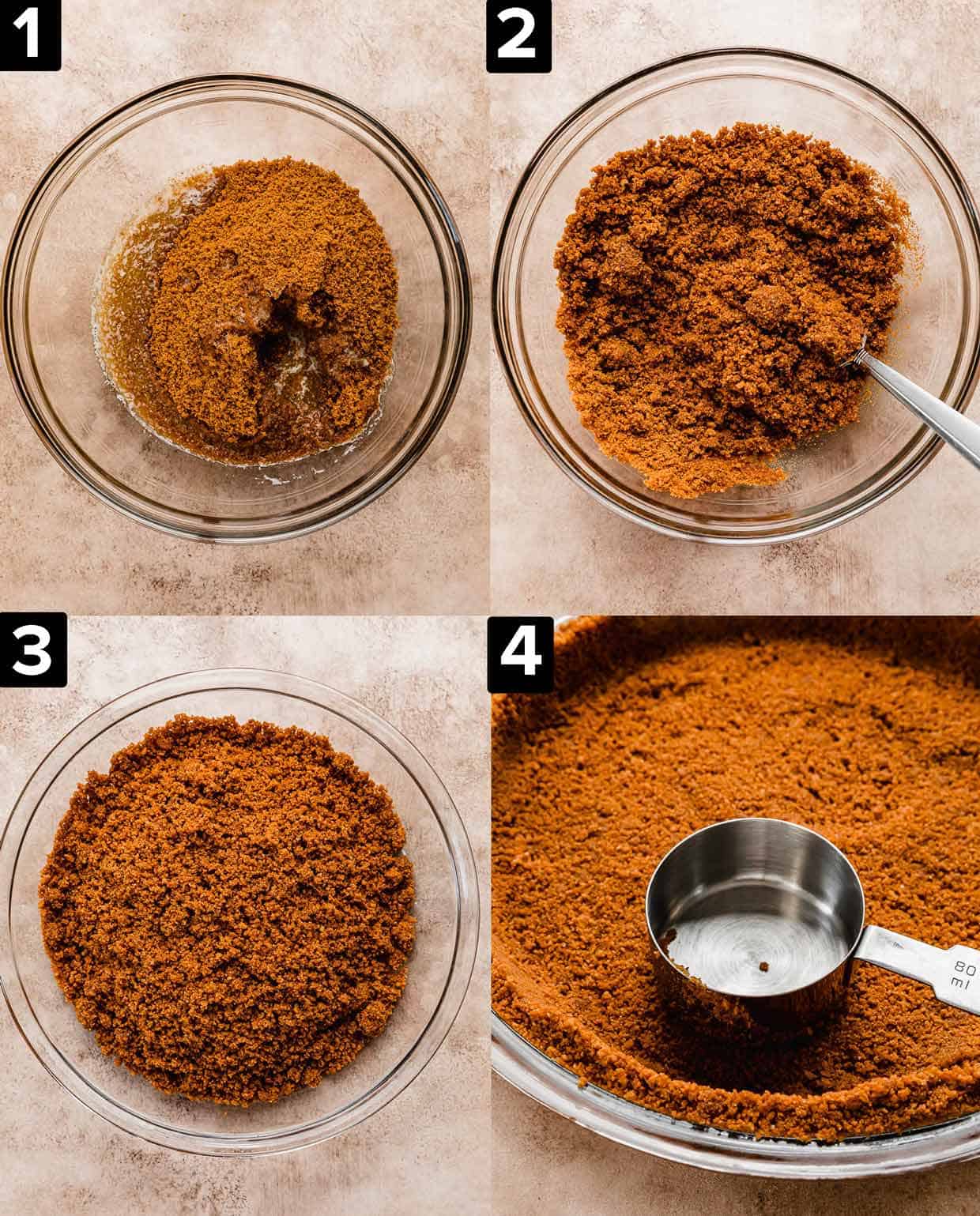 Four images showing how to make a Biscoff cookie pie crust recipe.