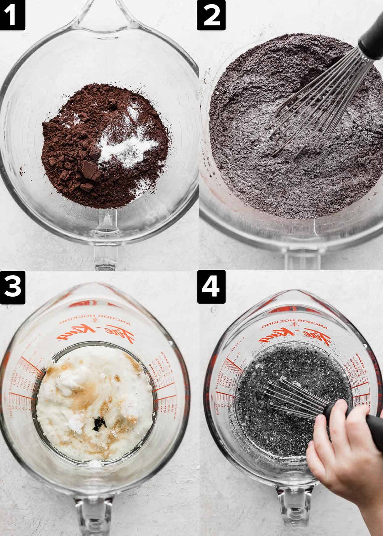 Four images showing how to make a black cocoa powder based cupcake for decorating as Ghost Cupcakes.