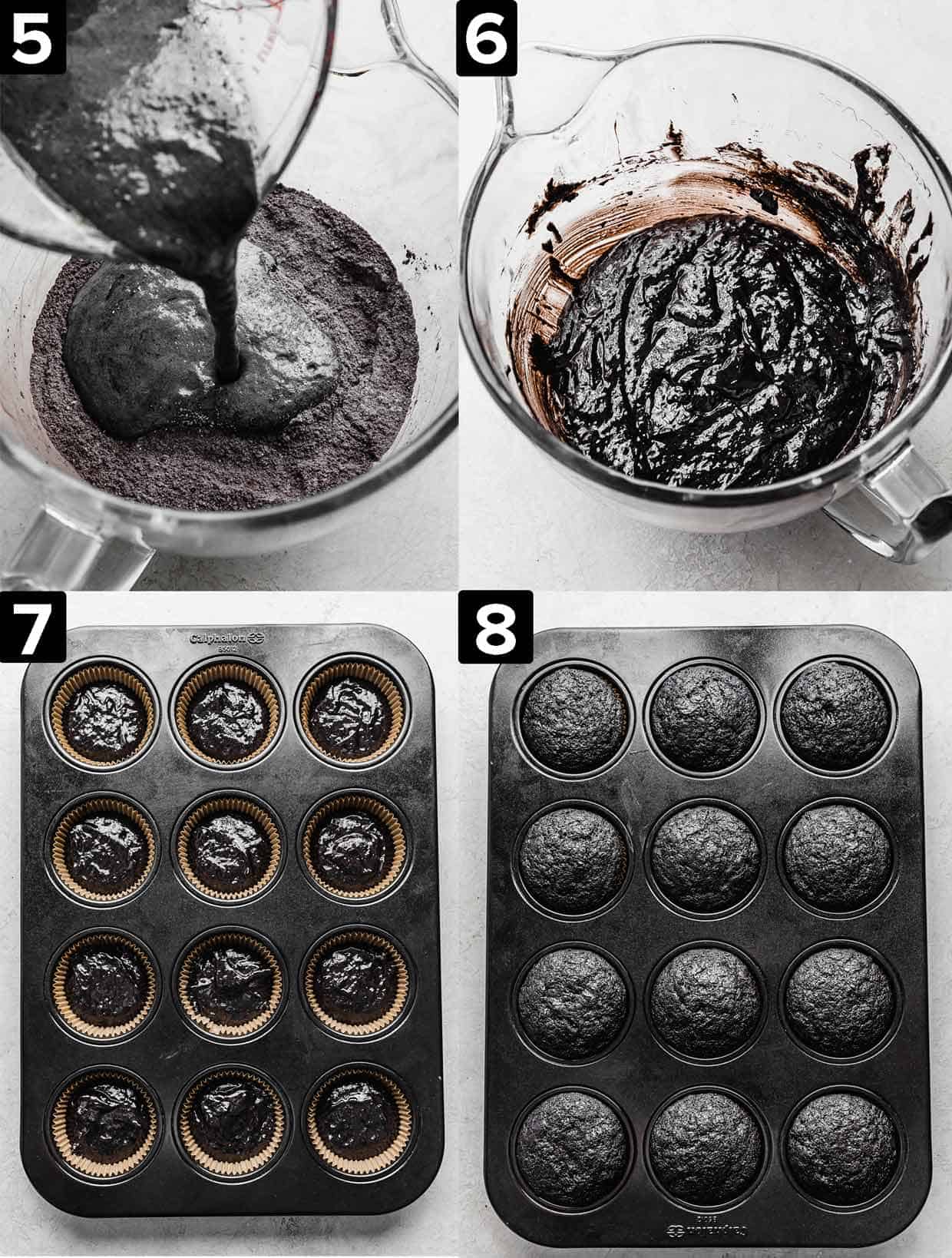 Four images top left to bottom right: black cocoa cupcake batter in a glass bowl, black cupcake batter in glass bowl, cupcake tin with cupcake batter in each compartment, baked black velvet cupcakes in muffin tin.