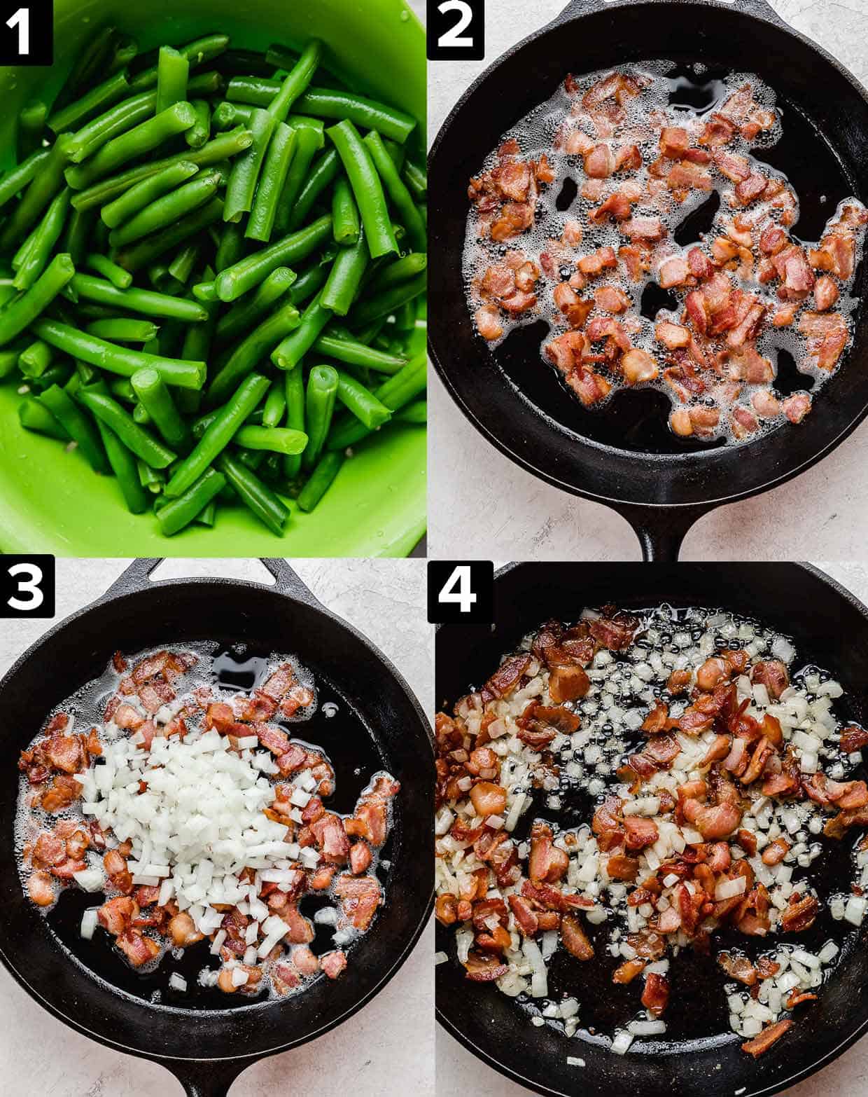 A four photo collage showing how to make Bacon Green Bean Casserole: from top left to bottom right, fresh green beans, bacon cooking black skillet, onion added to the cooked bacon, onion and bacon in skillet but cooked.