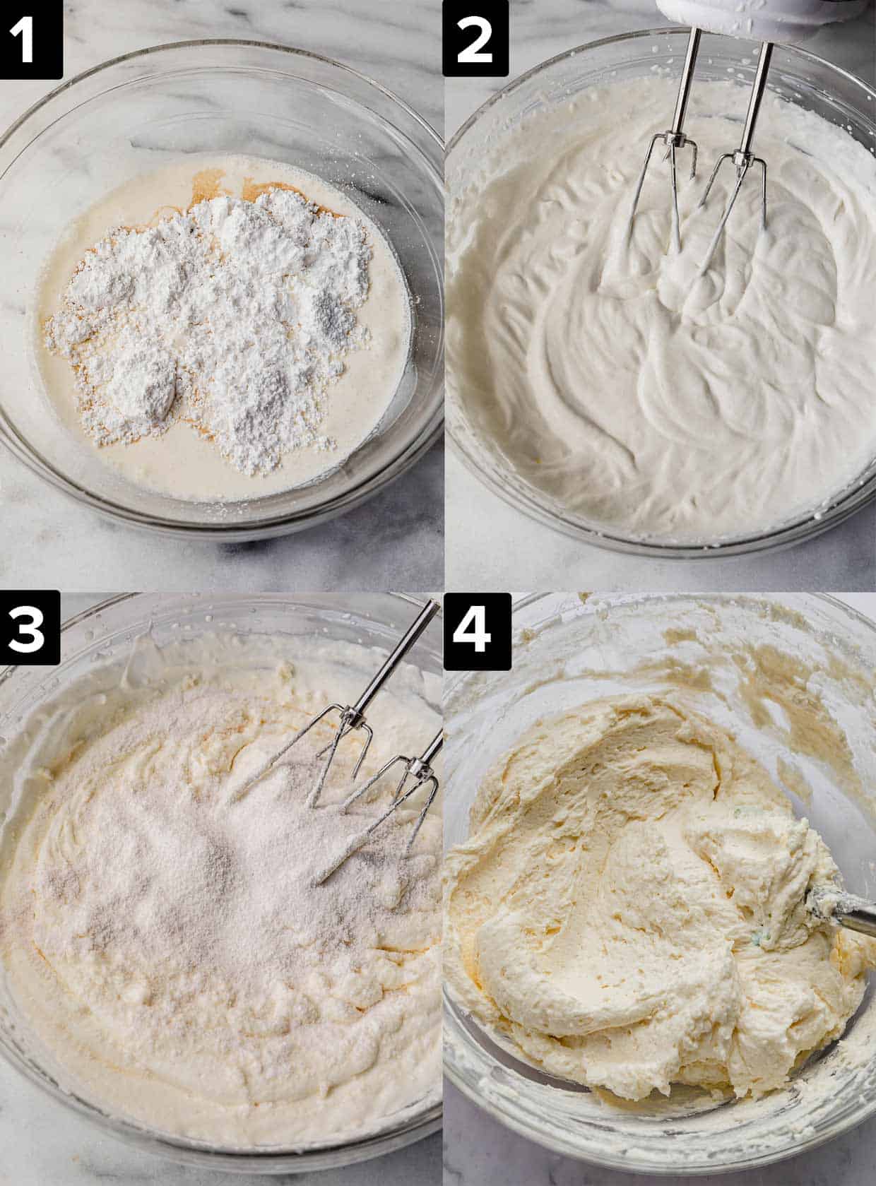 Four photos showing how to make Whipped Cream Frosting: a glass bowl on a white background with heavy cream and powdered sugar in it, then the process of whipping it and adding powdered instant pudding.