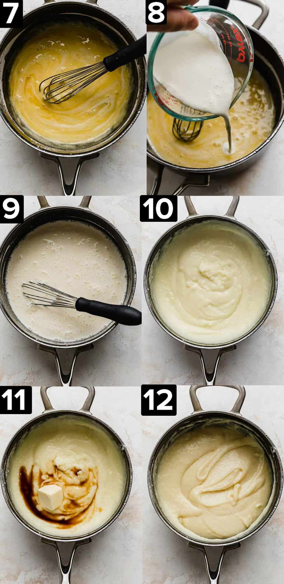 Six photos showing the process of how to make a banana cream pie, all photos are of a black pot on a white background with cream, and butter being added throughout.