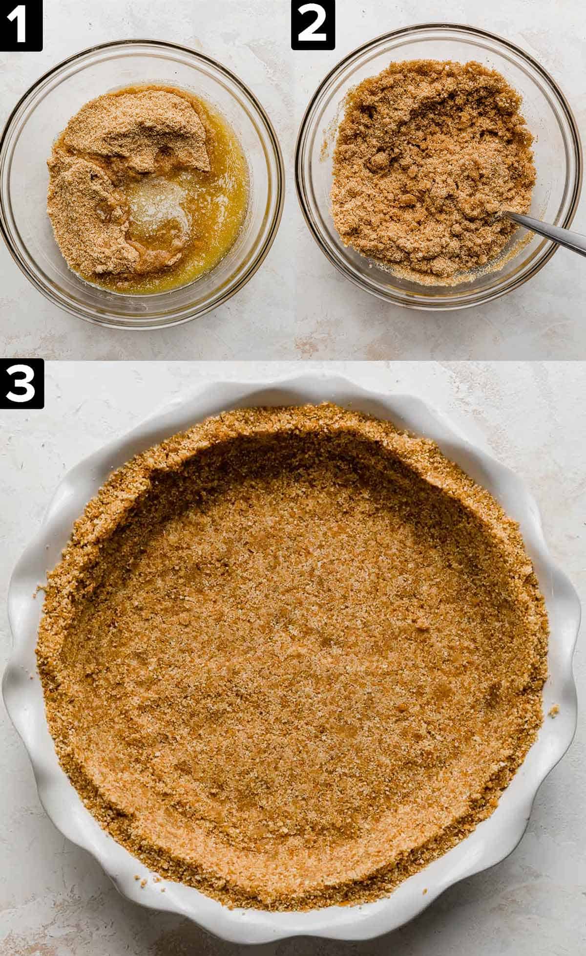 Three photos showing the making of a Nilla wafer banana cream pie pie crust.
