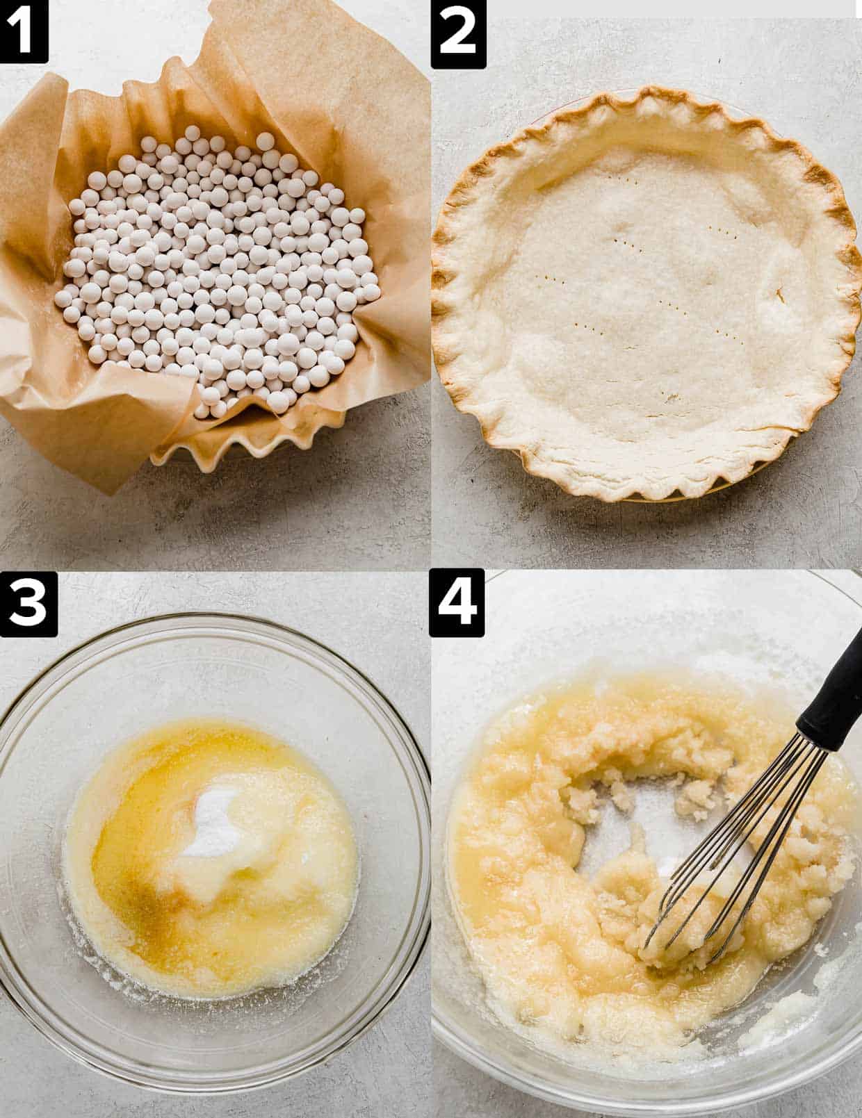 Four images showing the making of a fudgy brownie pie, top two photos are of a butter pie crust in a pie tin, and two bottom pictures are yellow sugar mixture in a glass bowl.