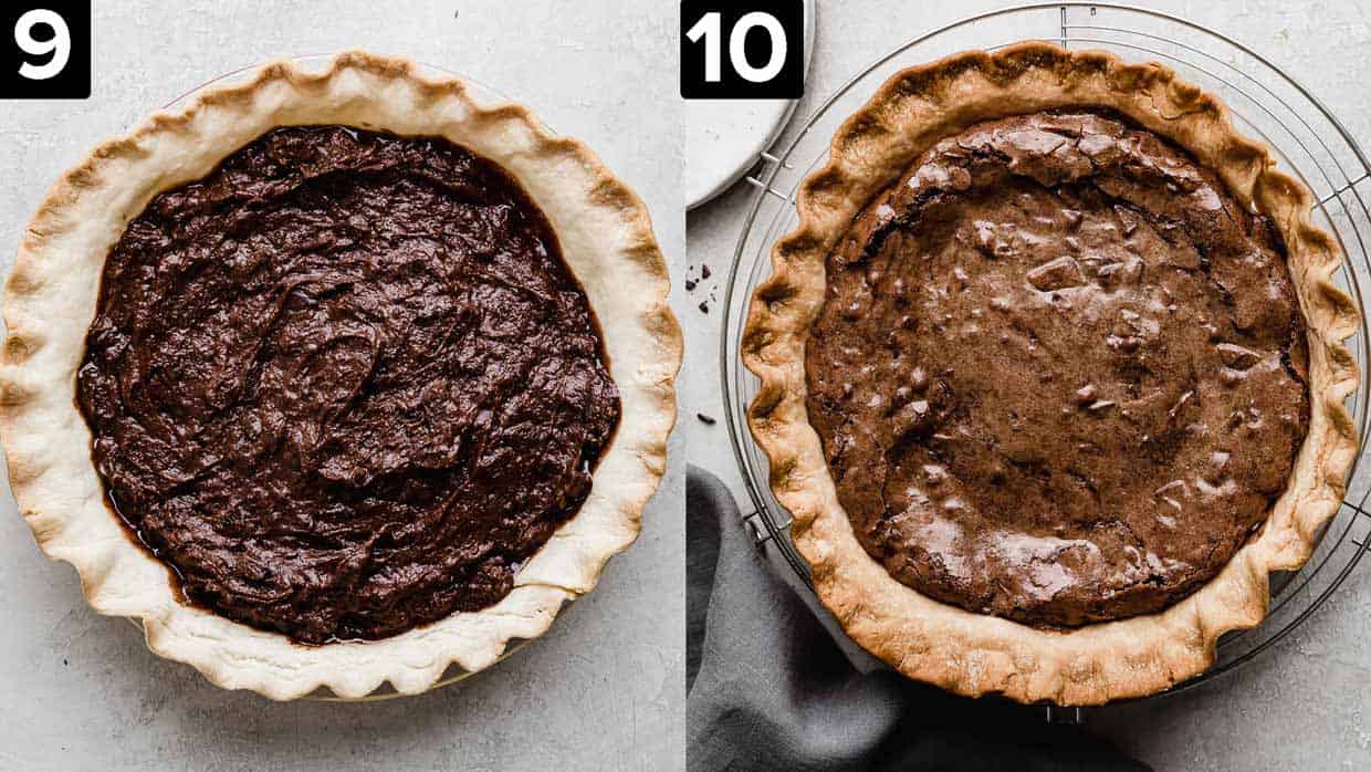 Two images: left image is brownie pie batter in a par baked butter pie crust, right photo is a baked brownie pie.