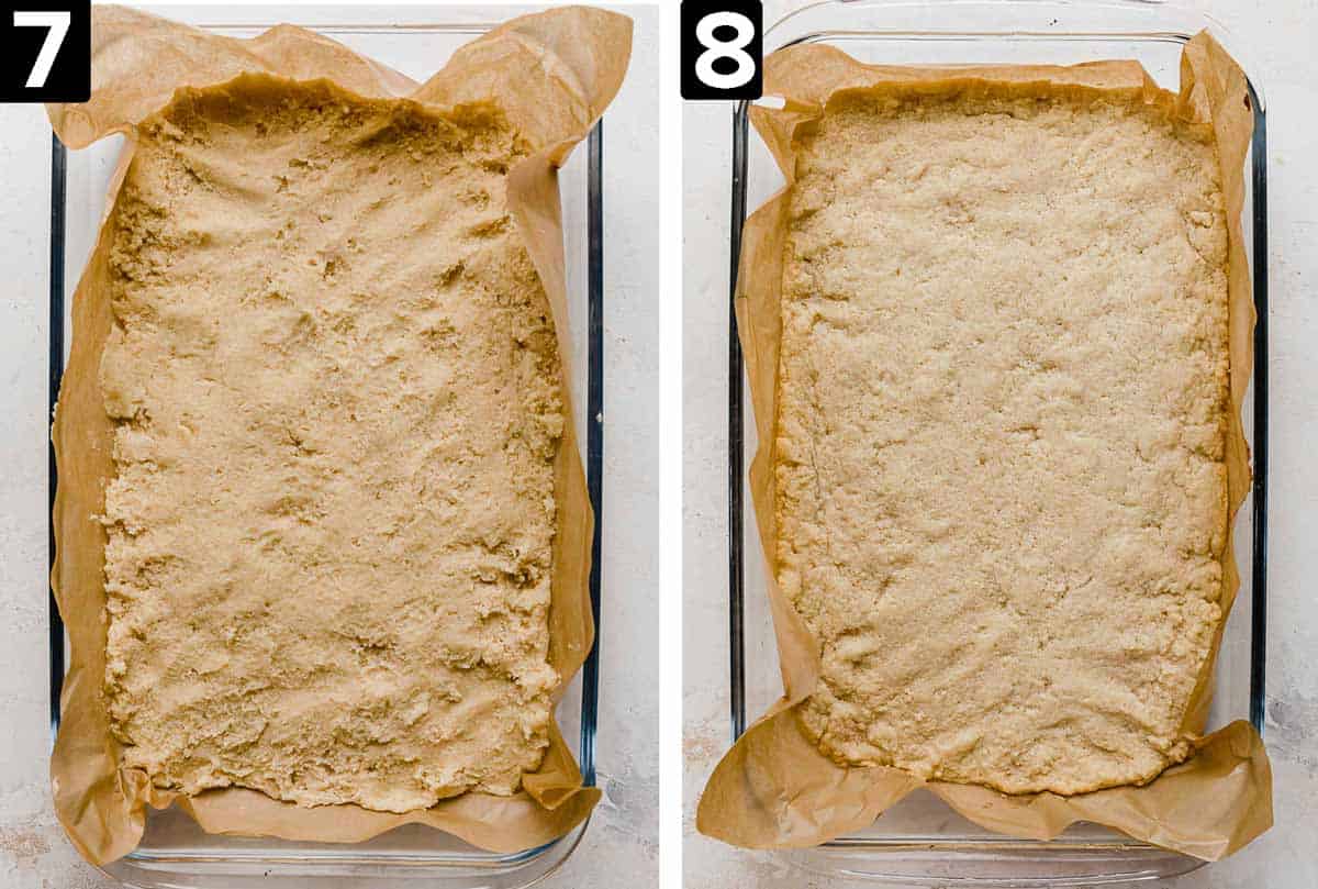 Two side by side images of sugar cookie bars in a baking dish, the left photo is unbaked, the right photo is baked Sugar Cookie Bars.