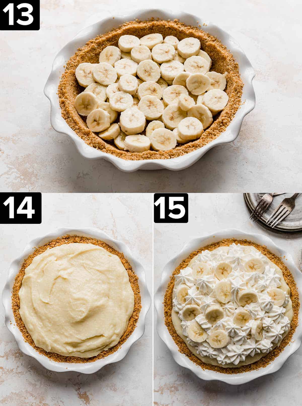 A pie crust with sliced bananas in it, then two photos beneath it (left photo) has banana cream pie custard in the crust, and the right photo is the pie topped with whipped cream and banana slices.