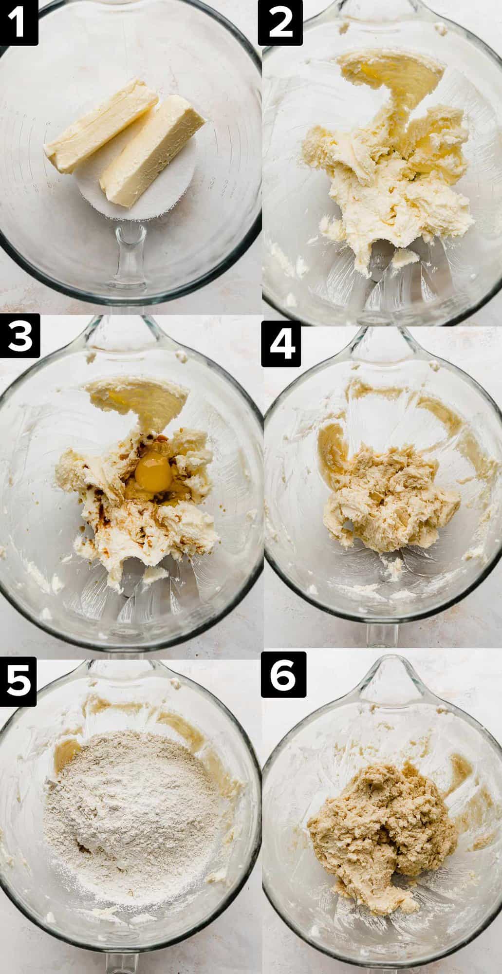 Six process photos showing how to make Sugar Cookie Bars, all photos feature a glass mixing bowl on a white background with various steps of adding butter, sugar, mixing and adding dry ingredients to form a dough.
