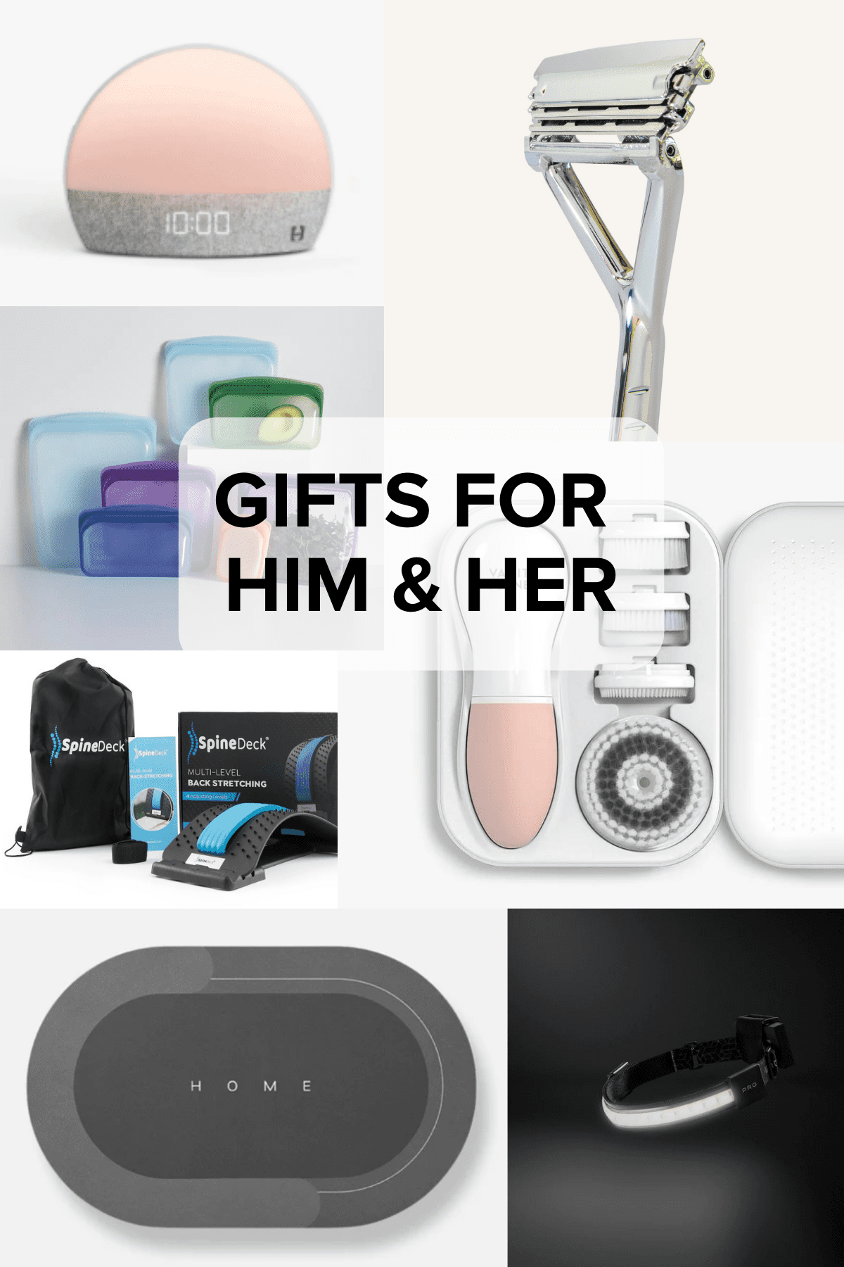 A collage of images featuring gifts for him and her! Includes things like shower mats, Lightbar headlamp, razor and beauty products.