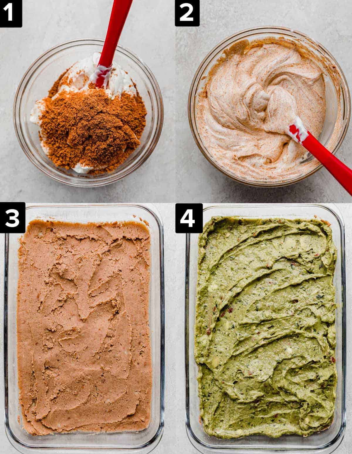 Four images showing the making of the sour cream taco layer of a Layered Taco Dip, and bottom two images show a glass rectangle pan with refried beans spread along bottom, and guacamole spread over the beans.
