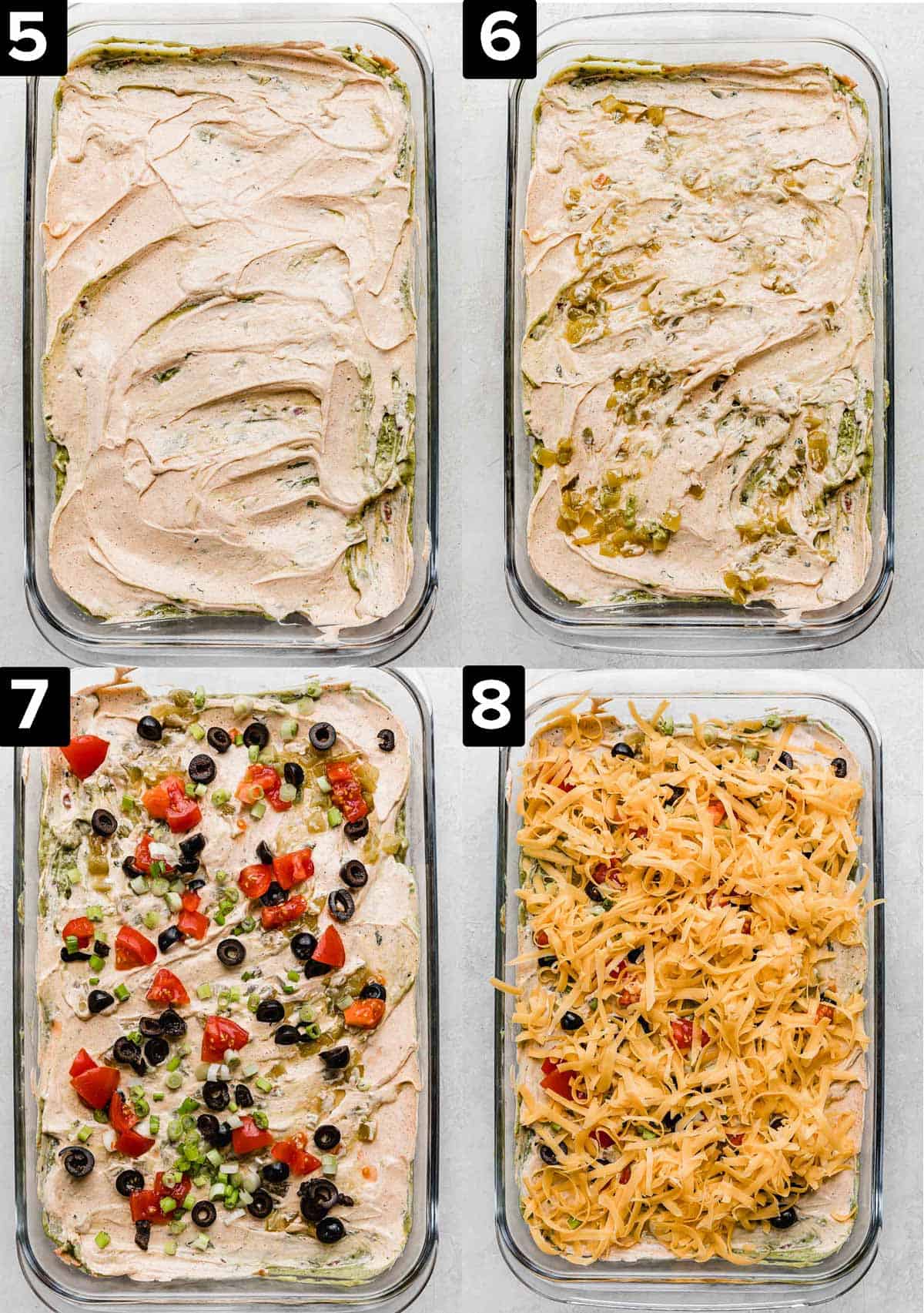 Four images showing a glass rectangle pan with Layered Taco Dip ingredients: top left has sour cream mixture, top right has diced cream chiles spread over the sour cream, bottom left has olives, onions, and tomatoes, bottom right has shredded cheese overtop.