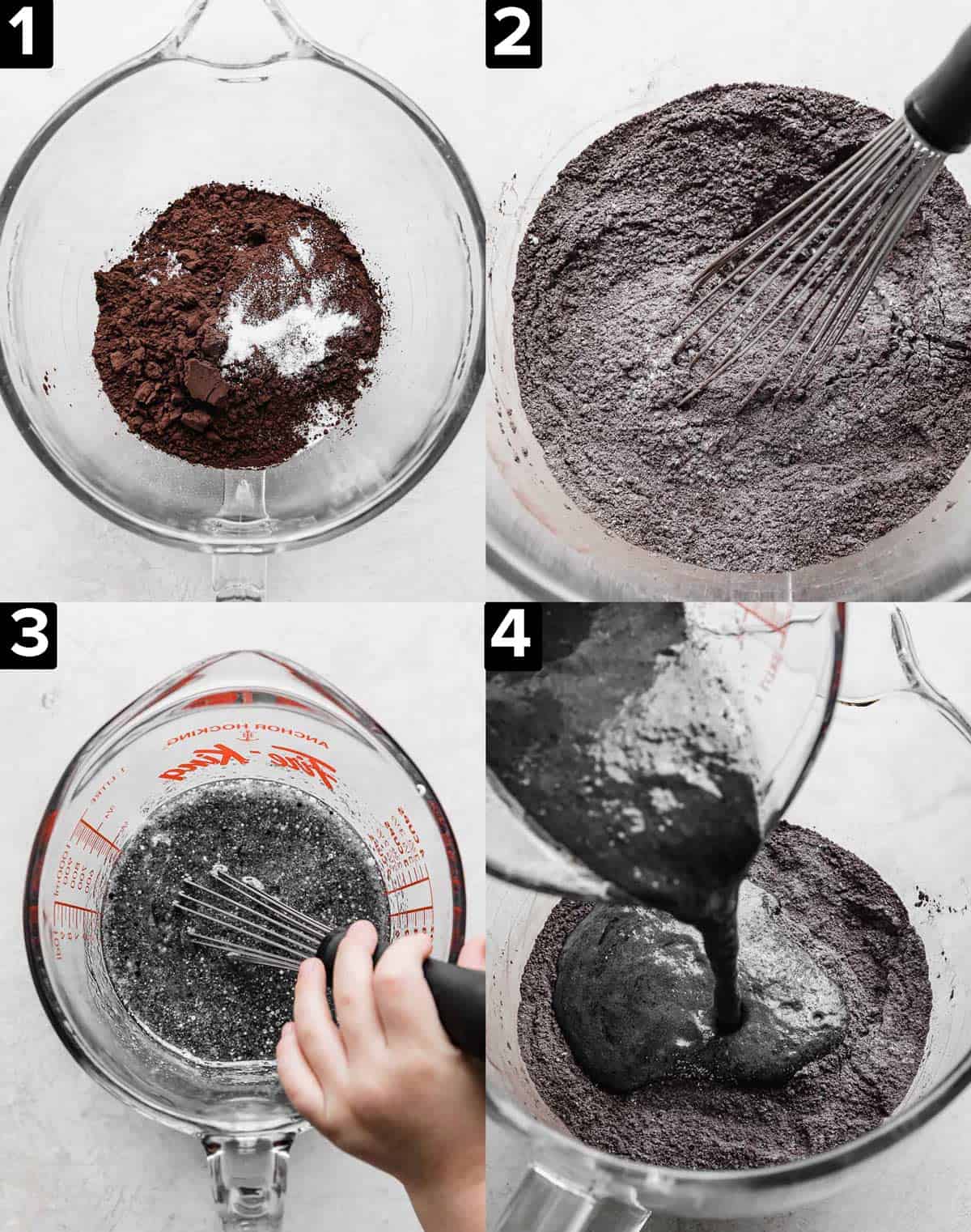 Four images showing the making of Oreo Cupcake batter, in a glass mixing bowl on a white background.