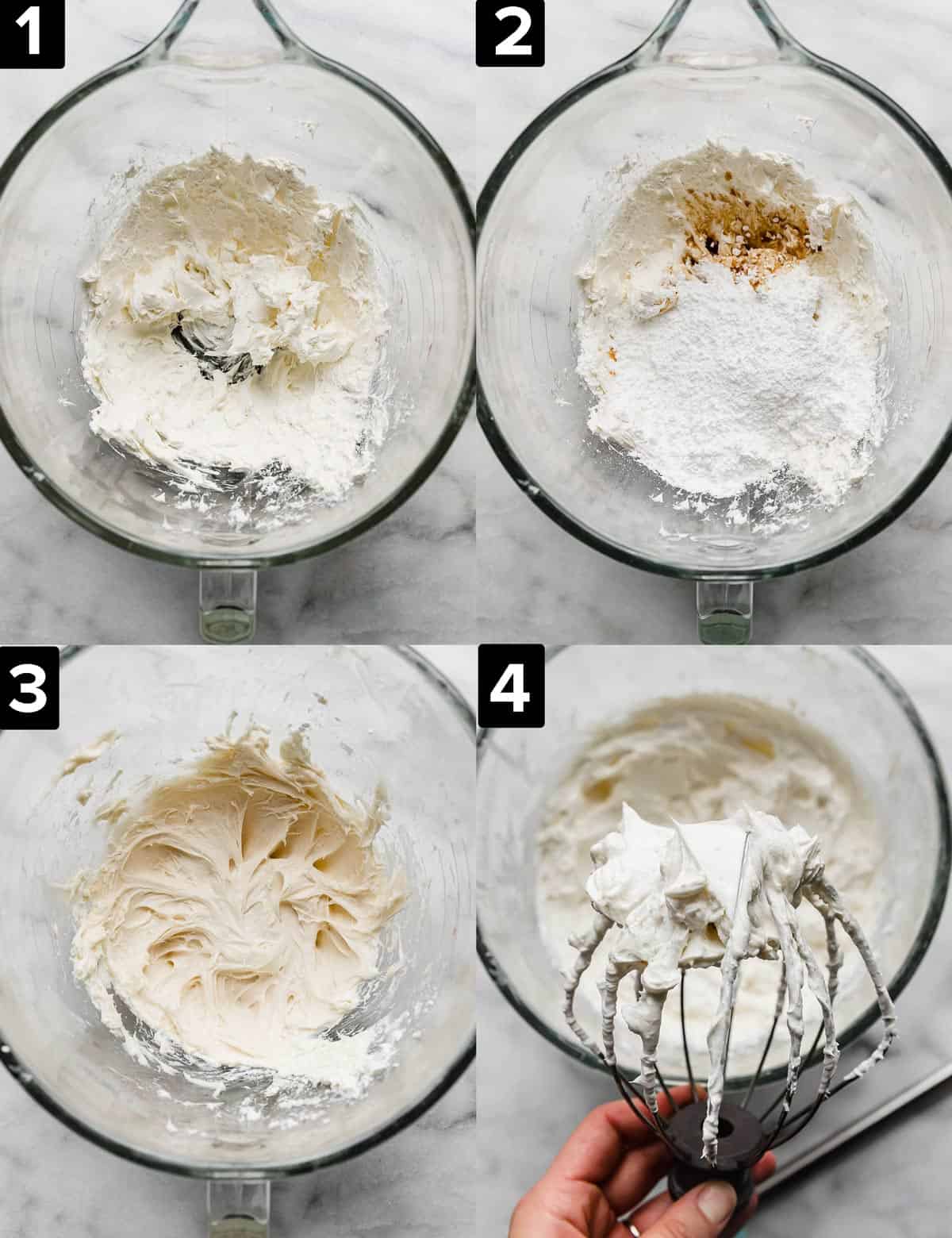 Four images showing how to make Cream Cheese Whipped Cream Frosting in a glass mixing bowl on a white background. Top left: whipped cream cheese, top right has powdered sugar and vanilla added to whipped cream cheese. Bottom left is whipped cream cheese and powdered sugar. Bottom right is a whisk with Cream Cheese Whipped Cream Frosting on it.