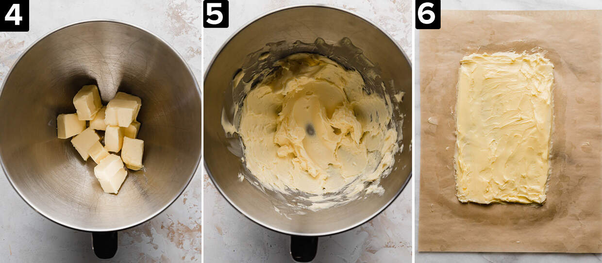 Three images: left image is of a metal mixing bowl with cubed butter in it, middle photo has beaten butter in bowl, and right photo is a rectangle butter block.