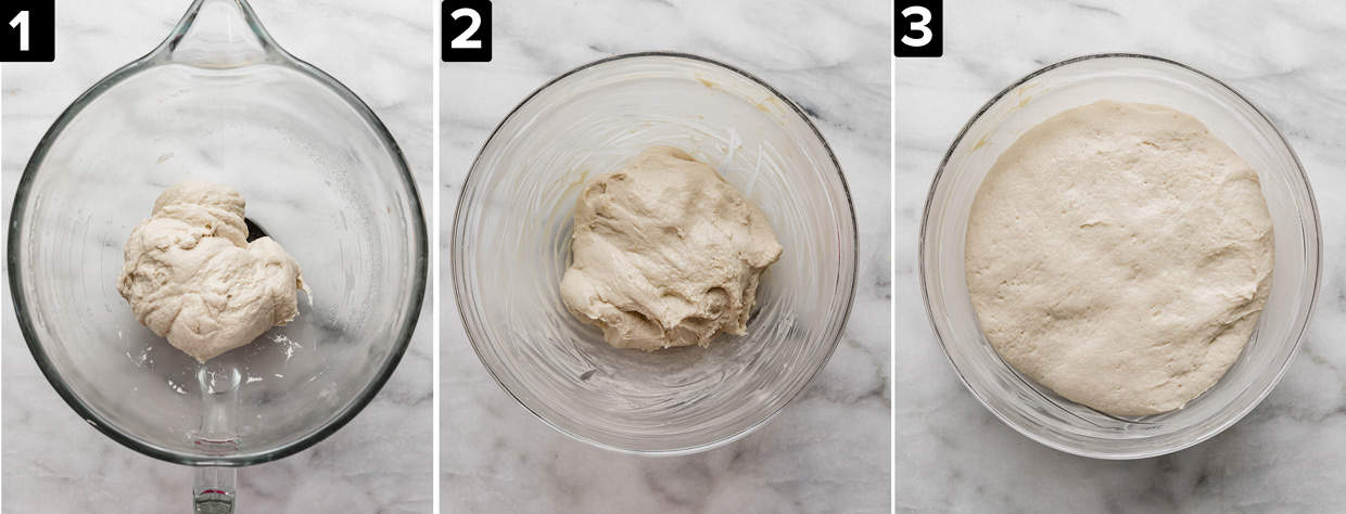 Three images showing how to make Kouign-Amann dough, left image is dough in a glass mixing bowl, middle photo is dough in a buttered bowl, and right photo is Kouign-Amann doubled in size.