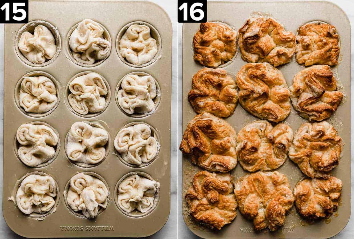 Two images: left photo is a muffin pan filled with unbaked Kouign-Amann in each well, right image is golden baked Kouign-Amann in a muffin pan.