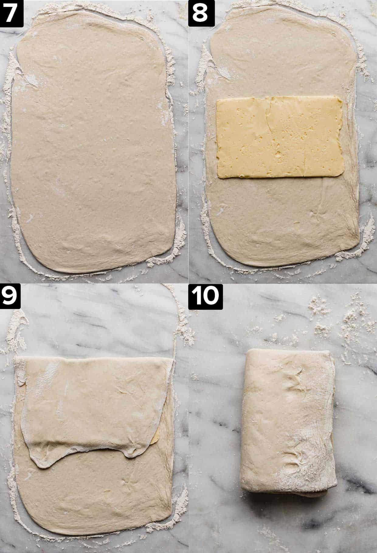 Four images showing how to make Kouign-Amann by doing laminated butter and dough turns.