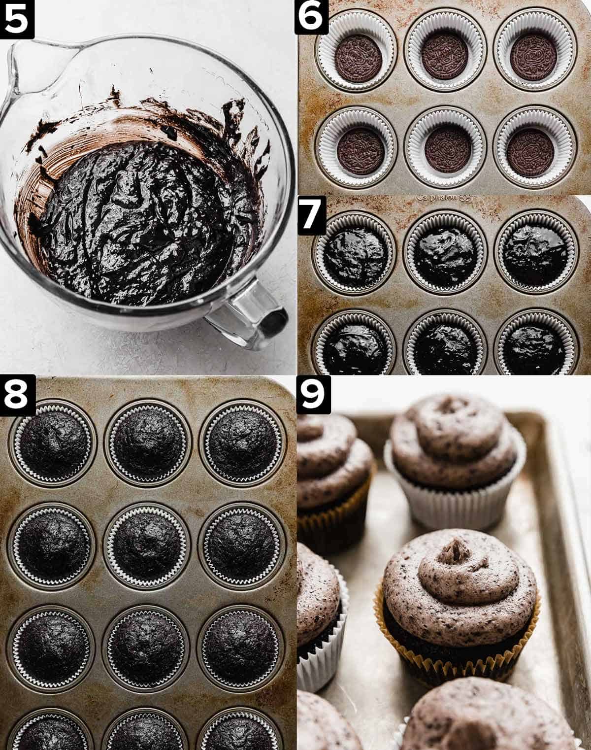 Five images showing Oreo Cupcake batter, then Oreo cupcakes in a cupcake pan, and then fully baked and frosted Oreo Cupcakes.