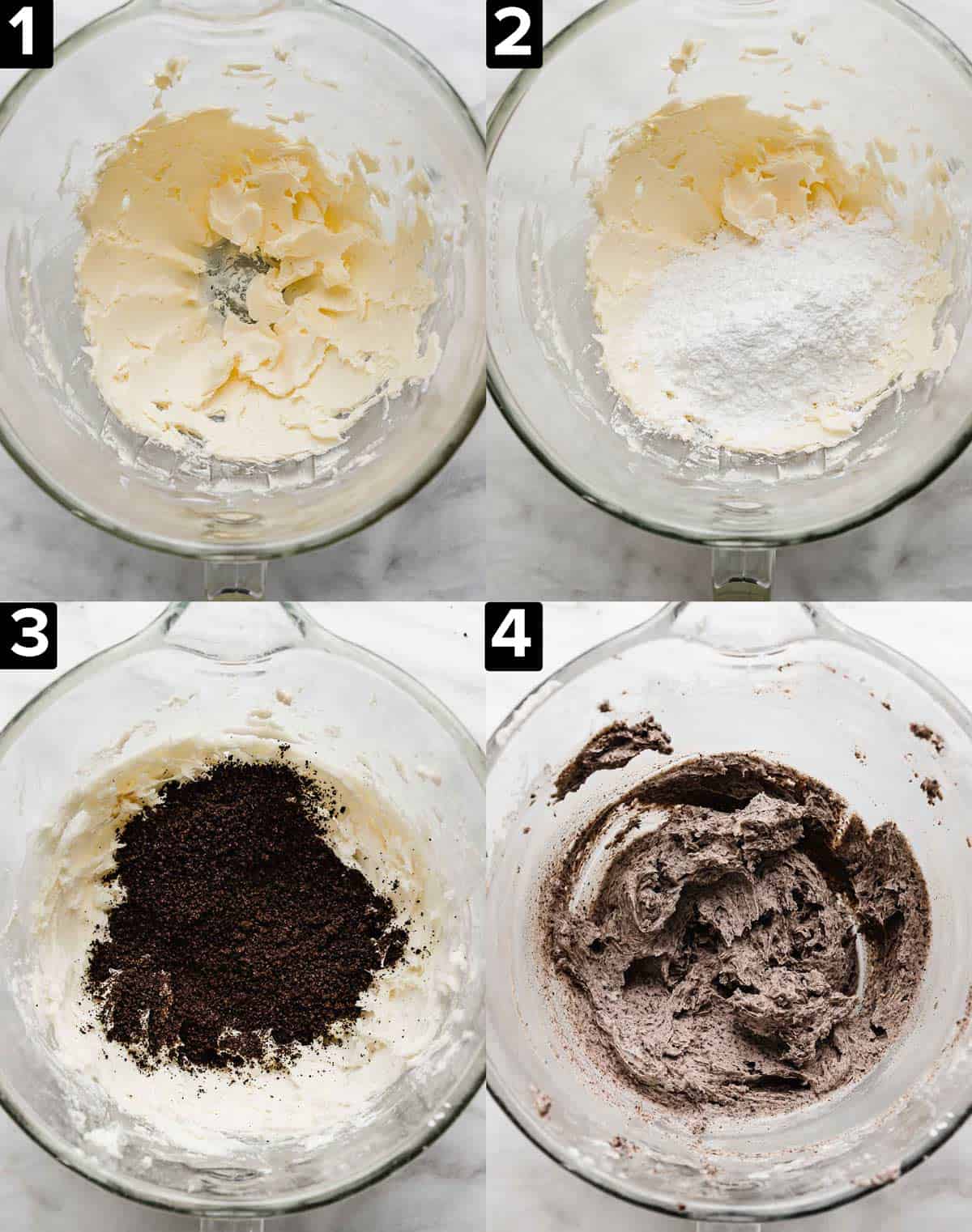 Four photos all featuring a glass mixing bowl on a white background, showing how to make Oreo frosting.