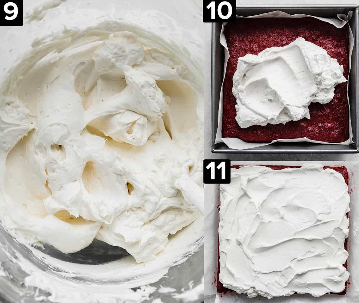 Three images, left image shows cream cheese whipped cream frosting in a bowl, right two images show Red Velvet Brownies topped with whipped cream cream cheese frosting over the brownies.
