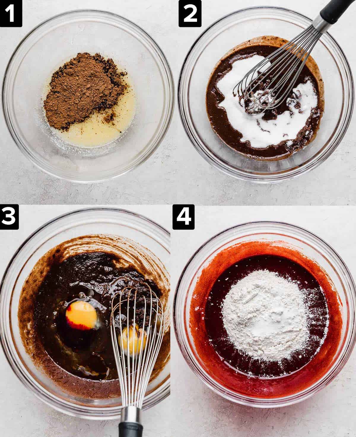 Four images showing how to make Red Velvet Brownie batter, adding cocoa powder, butter, eggs, and flour.