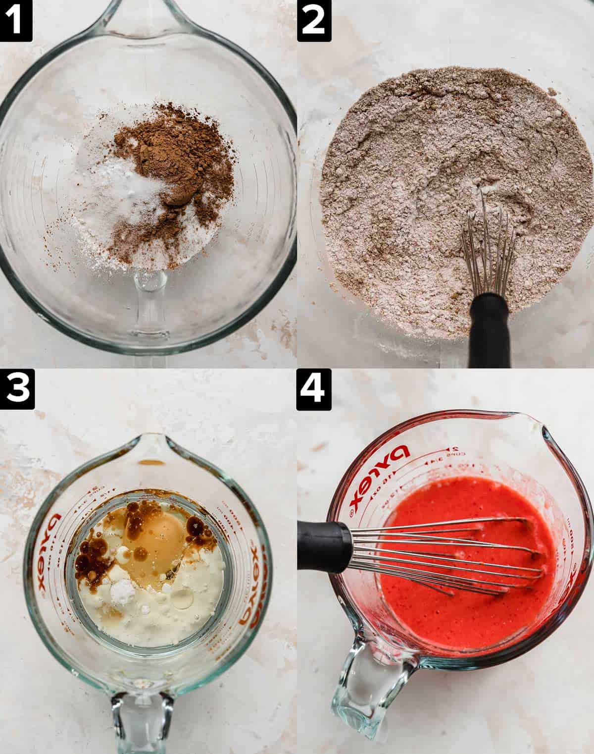 Four images showing how to make Red Velvet Cupcakes. Top left has dry ingredients in a glass bowl, top right photo is a whisk mixing the dry ingredients. Bottom left image is wet ingredients and egg in a glass measuring cup, bottom right image is red wet ingredients in measuring cup.