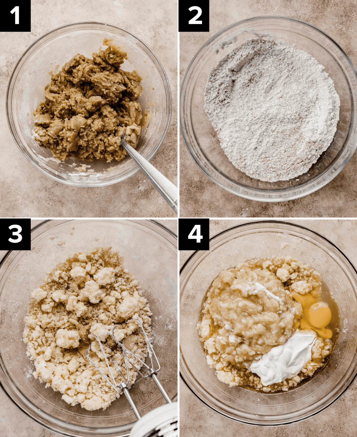 Four images showing how to make Banana Coffee Cake, top left is brown streusel mixture in glass bowl, top right is white flour and dry ingredients in glass bowl, bottom left photo is butter and sugar creamed in glass bowl, bottom right photo is mashed bananas, eggs, and oil in glass bowl.