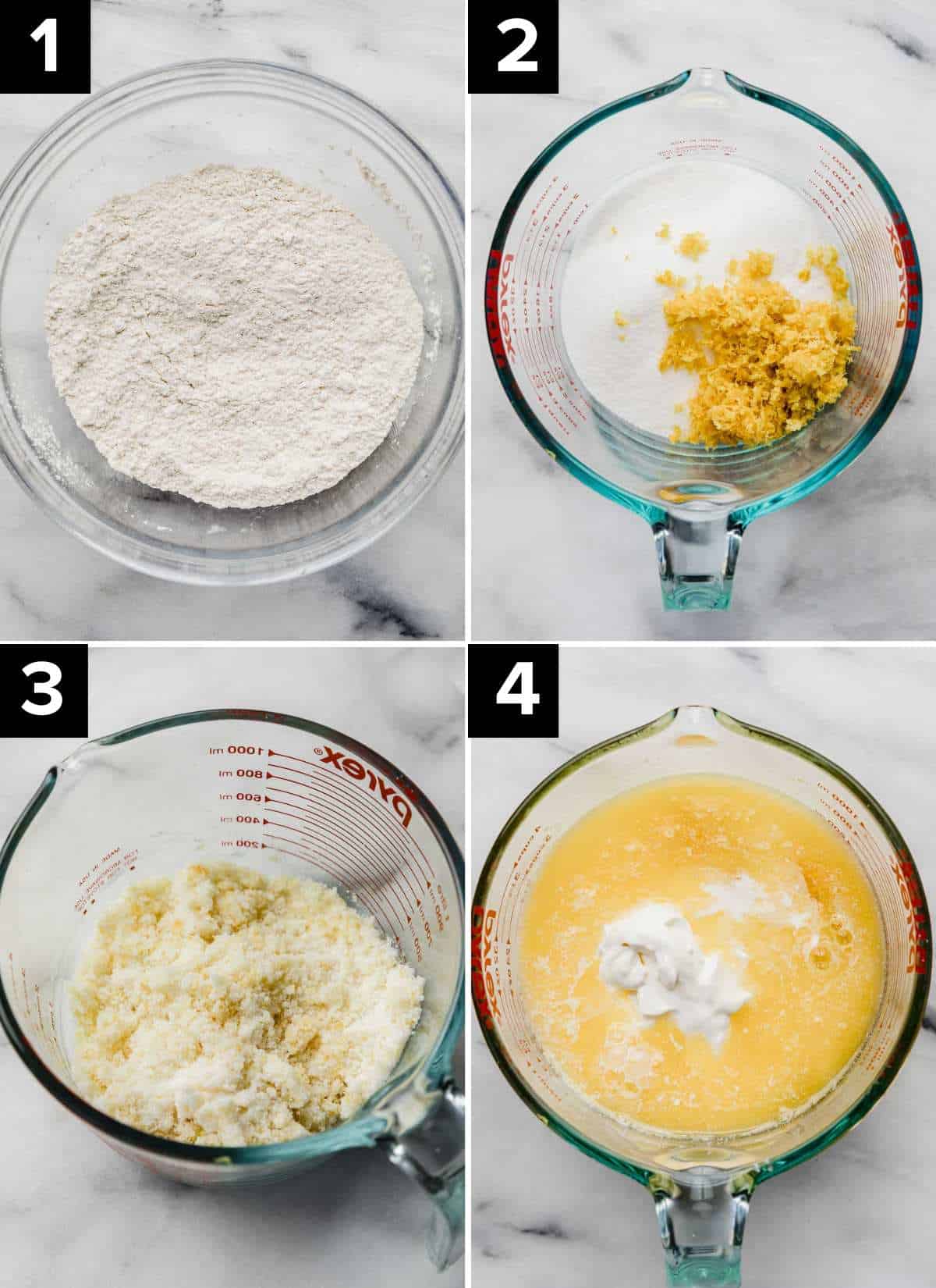 Four images showing how to make Lemon Cupcake batter.