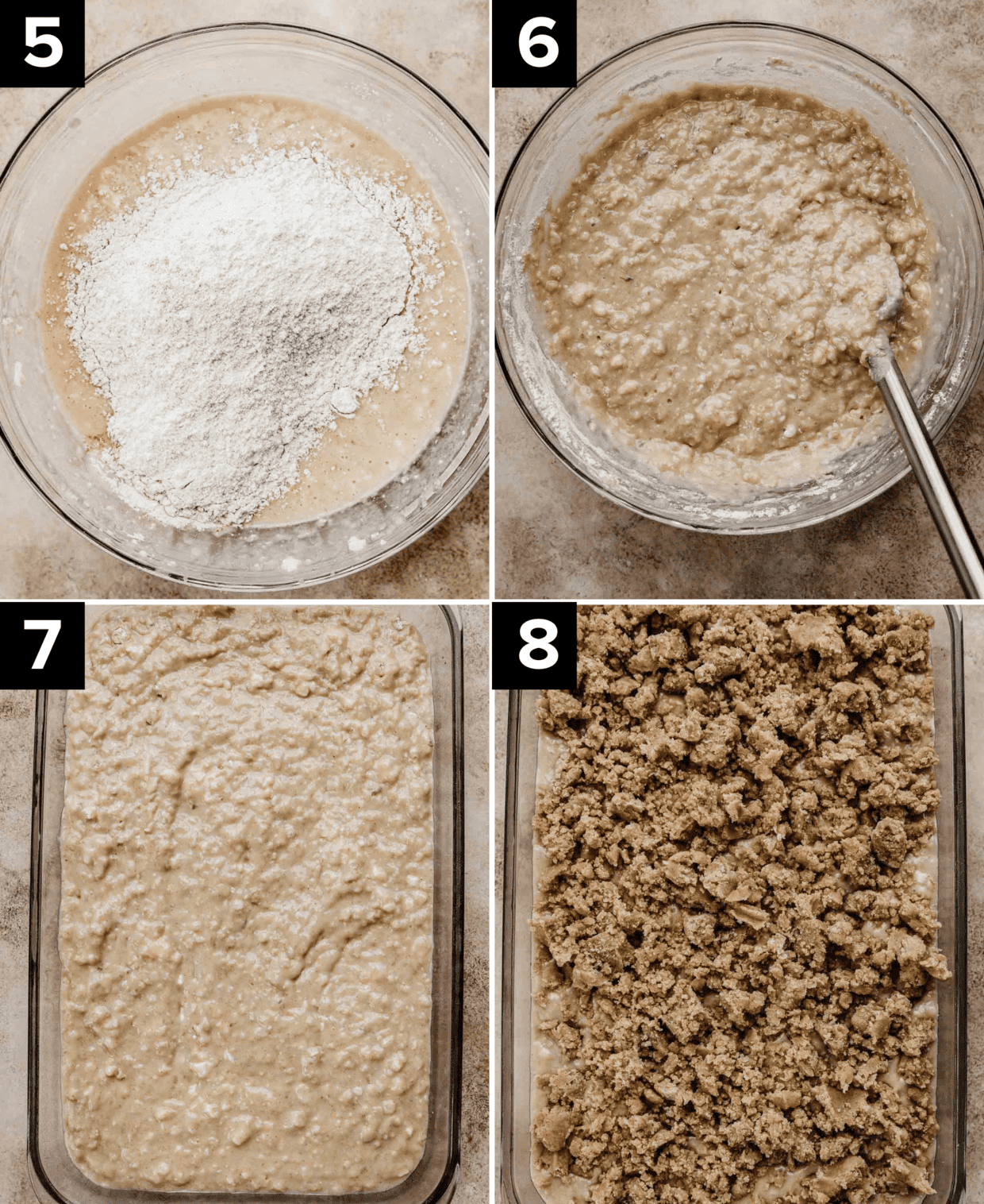 Four images showing how to make Banana Coffee Cake, top left image is banana coffee cake batter topped with flour, top right is Banana Coffee Cake batter in glass bowl, bottom left photo is banana coffee cake batter in rectangle pan, bottom right photo is Banana Coffee Cake topped with streusel topping.