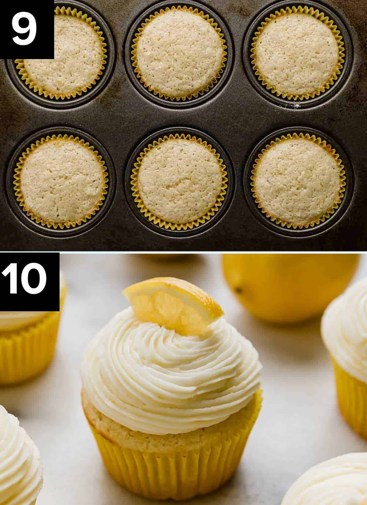 Two images, top photo is baked lemon cupcakes in a cupcake pan. Bottom image is Lemon Cupcakes frosted with lemon frosting.