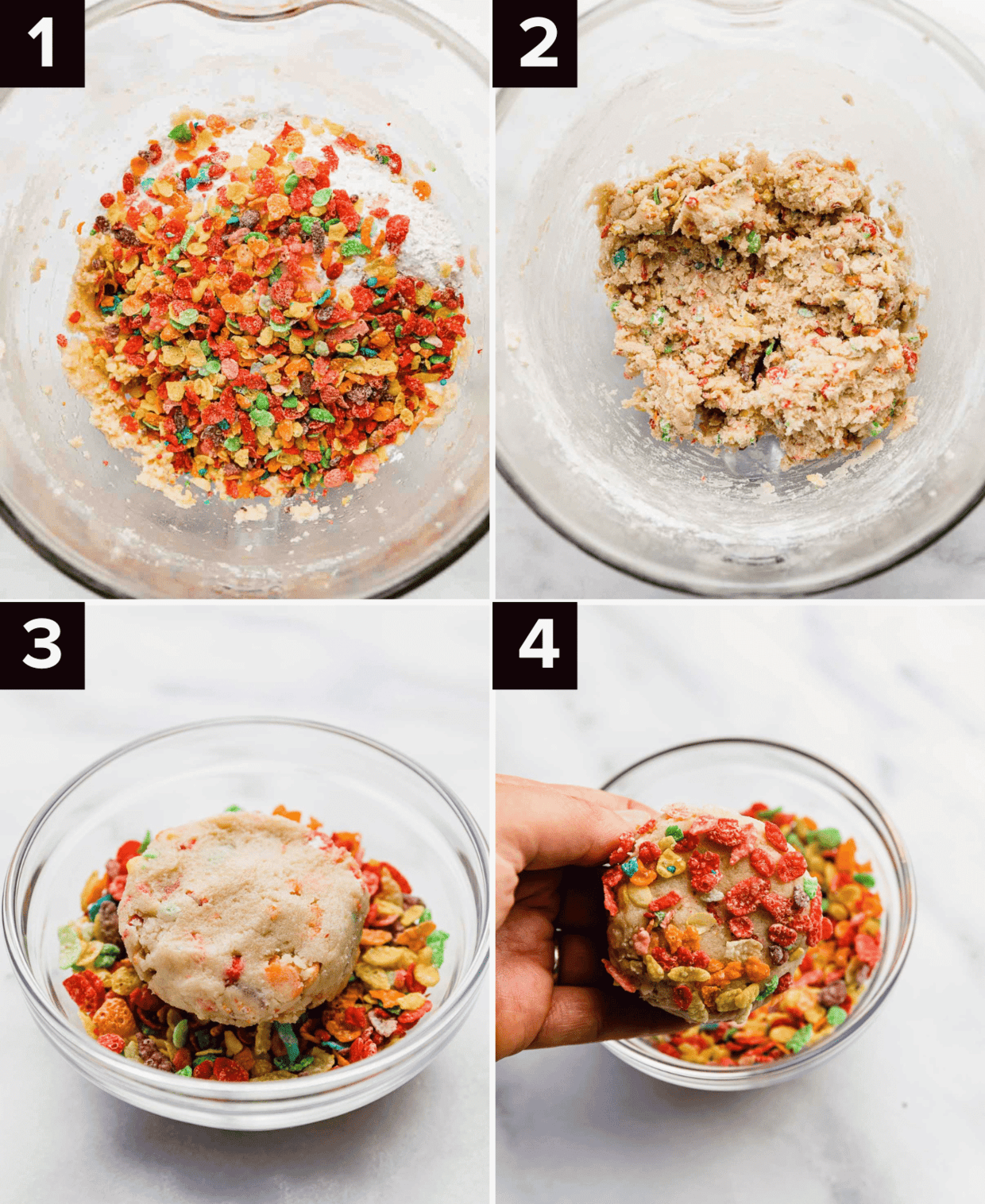 Four images showing how to make Fruity Pebbles Cookie dough in a glass bowl.