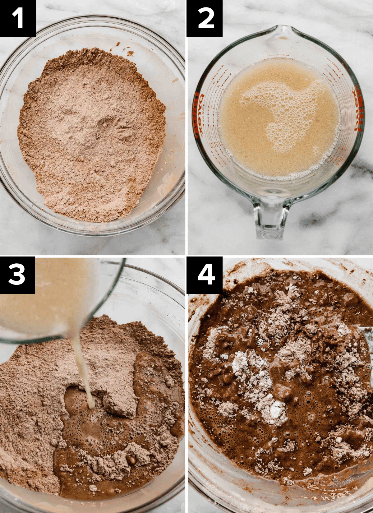 Four images showing how to make chocolate cupcake batter to make Reese's cupcakes.