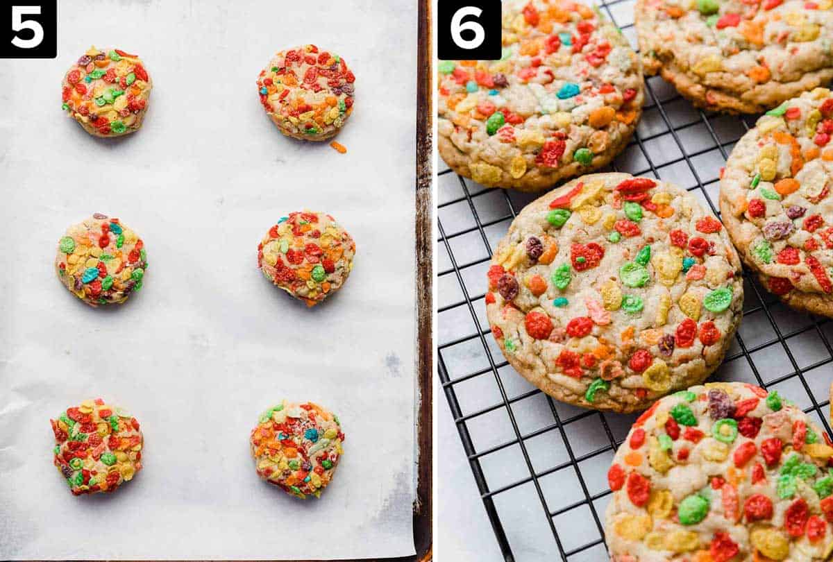 Two images showing Fruity Pebbles Cookies: left image is Fruity Pebbles Cookie dough balls on a baking sheet, right image is baked Fruity Pebbles Cookies on a black cooling rack.