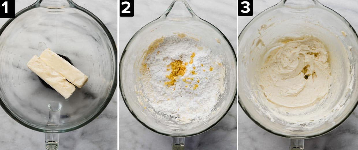 Three images side by side: left photo is 2 sticks of butter in glass bowl. Middle image is powdered sugar, lemon zest, lemon juice in glass bowl. Right photo is lemon frosting in glass bowl.