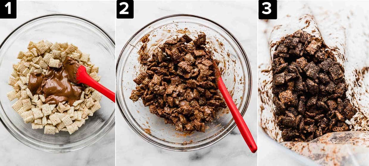 Three images showing how to make cookies and cream muddy buddies, left image is Chex cereal with melted chocolate on top, middle image is Chex cereal covered in brown chocolate, right image is Oreo crumb covered Chex cereal.