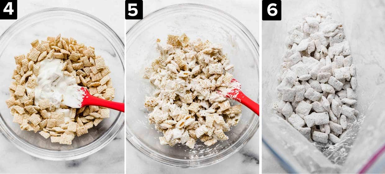 Left image is Rice Chex with melted white chocolate plopped in center, middle image is white chocolate covered Chex cereal in a glass bowl, right image is powdered sugar covered Rice Chex cereal in a bag.