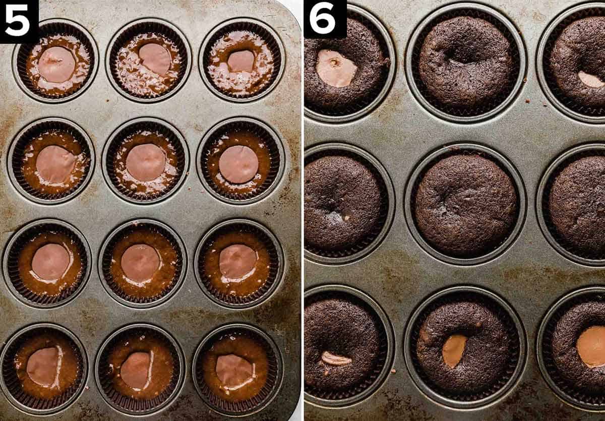 Two images, left image is unbaked Reeses Cupcakes with a full Reeses peanut butter cup in the batter, right photo is baked Reeses Cupcakes in a cupcake pan.