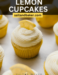 Lemon Cupcake on a white background with the words, "Lemon Cupcakes" written in white text over the photo.