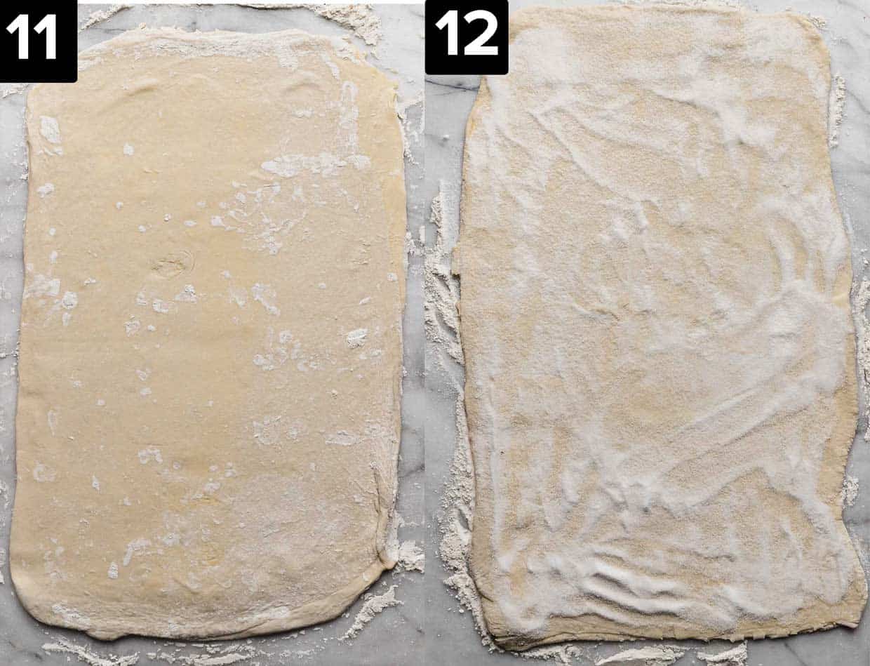 Two images, left image is Kouign-Amann pastry dough rolled into a rectangle. Right image is Kouign-Amann dough rolled into a rectangle and sprinkled with granulated sugar.