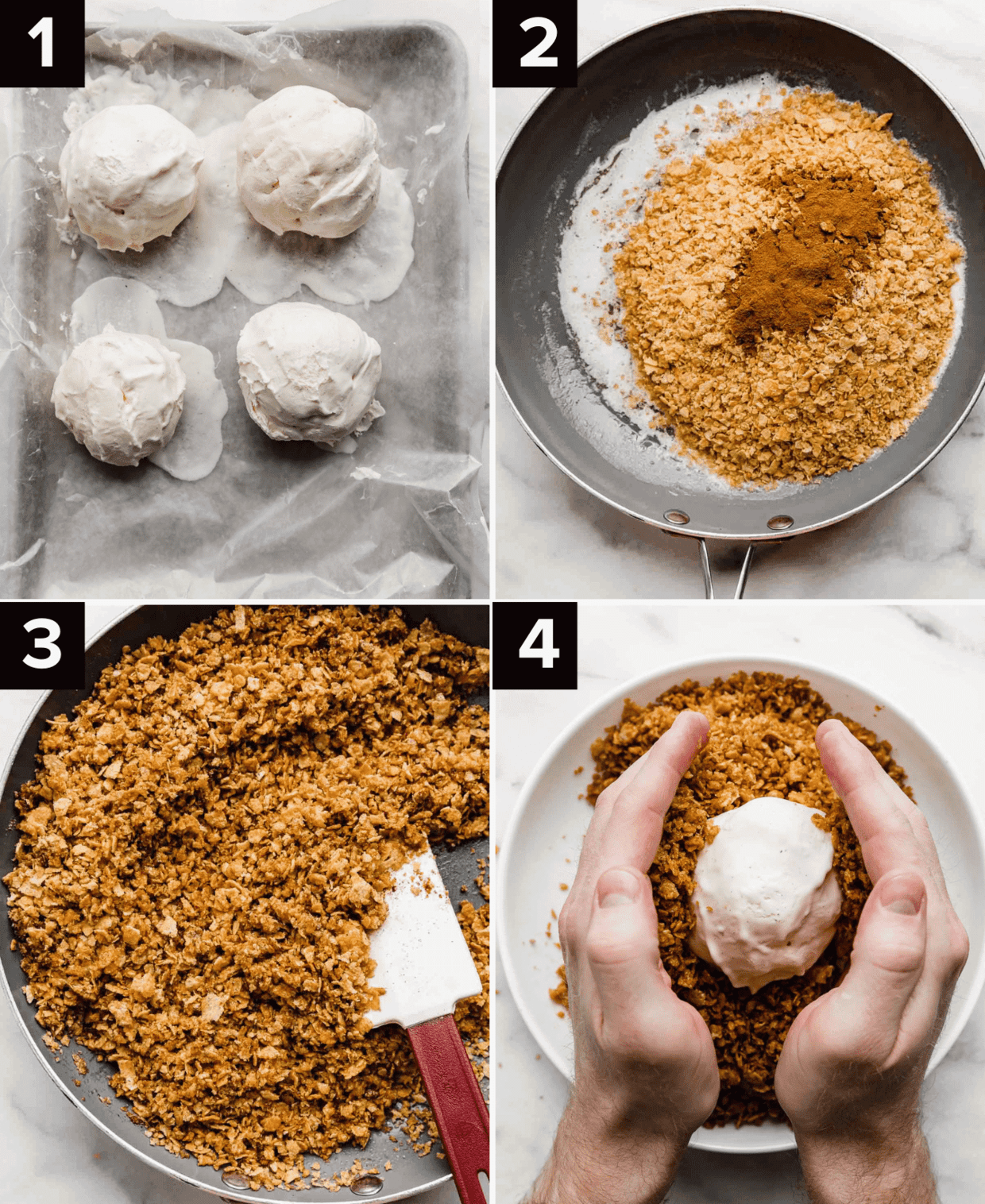 Four images showing how to make fried ice cream without frying it in oil; top left photo is 4 ice cream balls on baking sheet, top right is cornflakes in a skillet, bottom left is a cinnamon cornflake mixture, bottom right photo is hands pressing cornflake mixture against frozen ice cream ball.