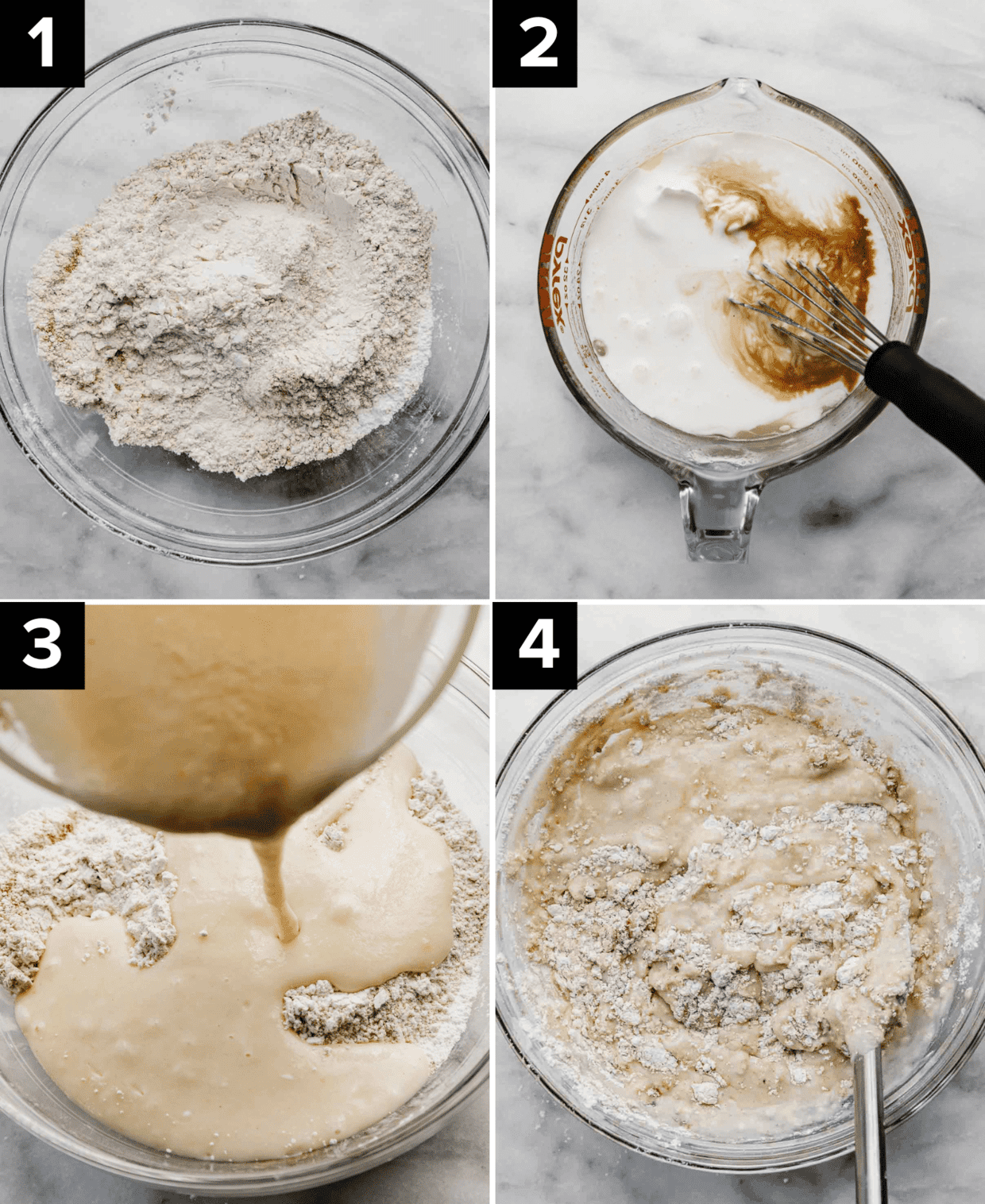 Four images showing the making of chocolate chip muffin batter in a glass bowl.