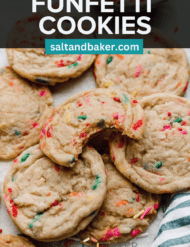 A stack of delicious and soft Funfetti Cookies with the words, "Funfetti Cookies" written in white text above the photo.