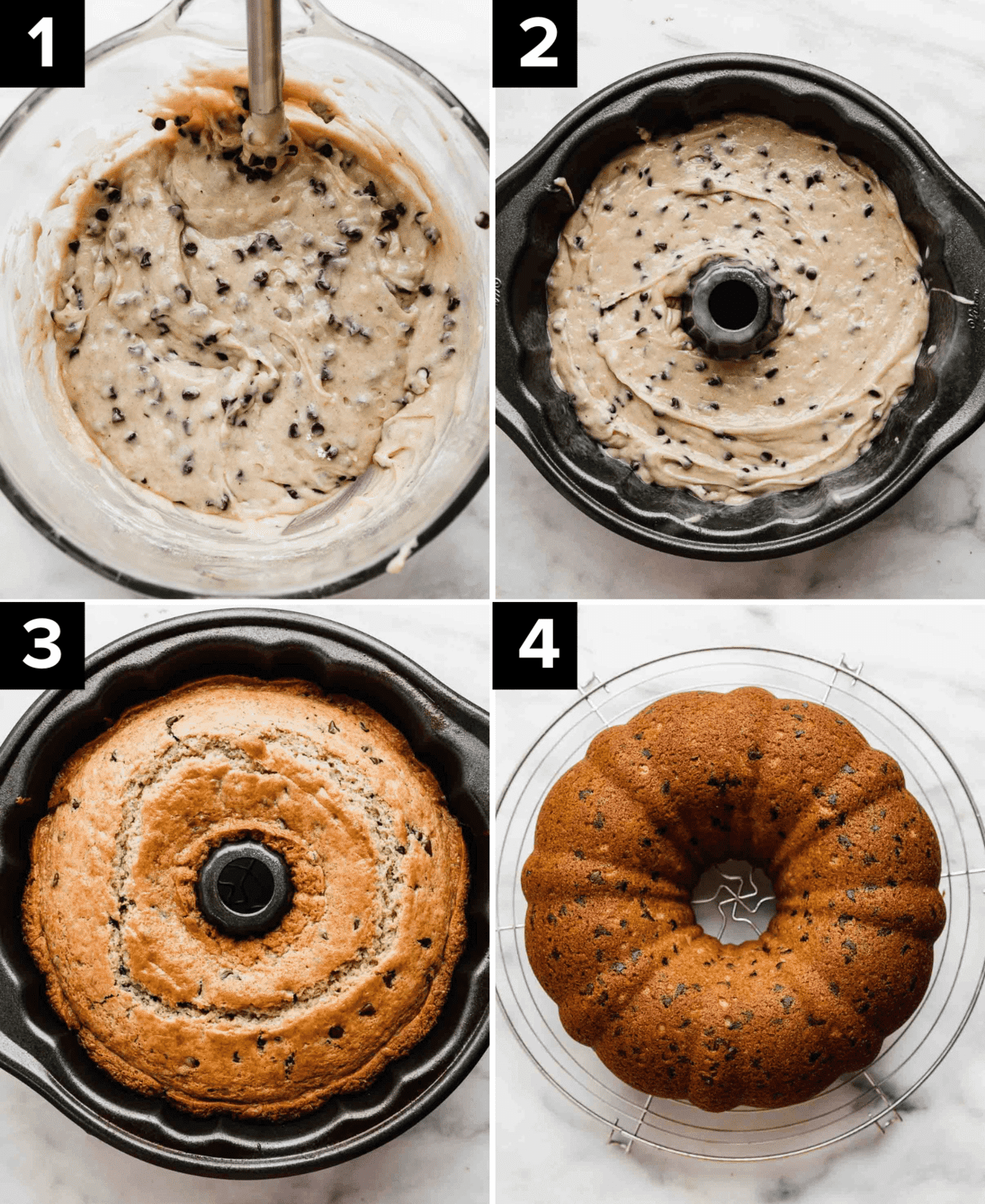 Four images showing Chocolate Chip Bundt Cake batter in a bowl, then a bundt pan, and then the Chocolate Chip Bundt Cake fully baked.