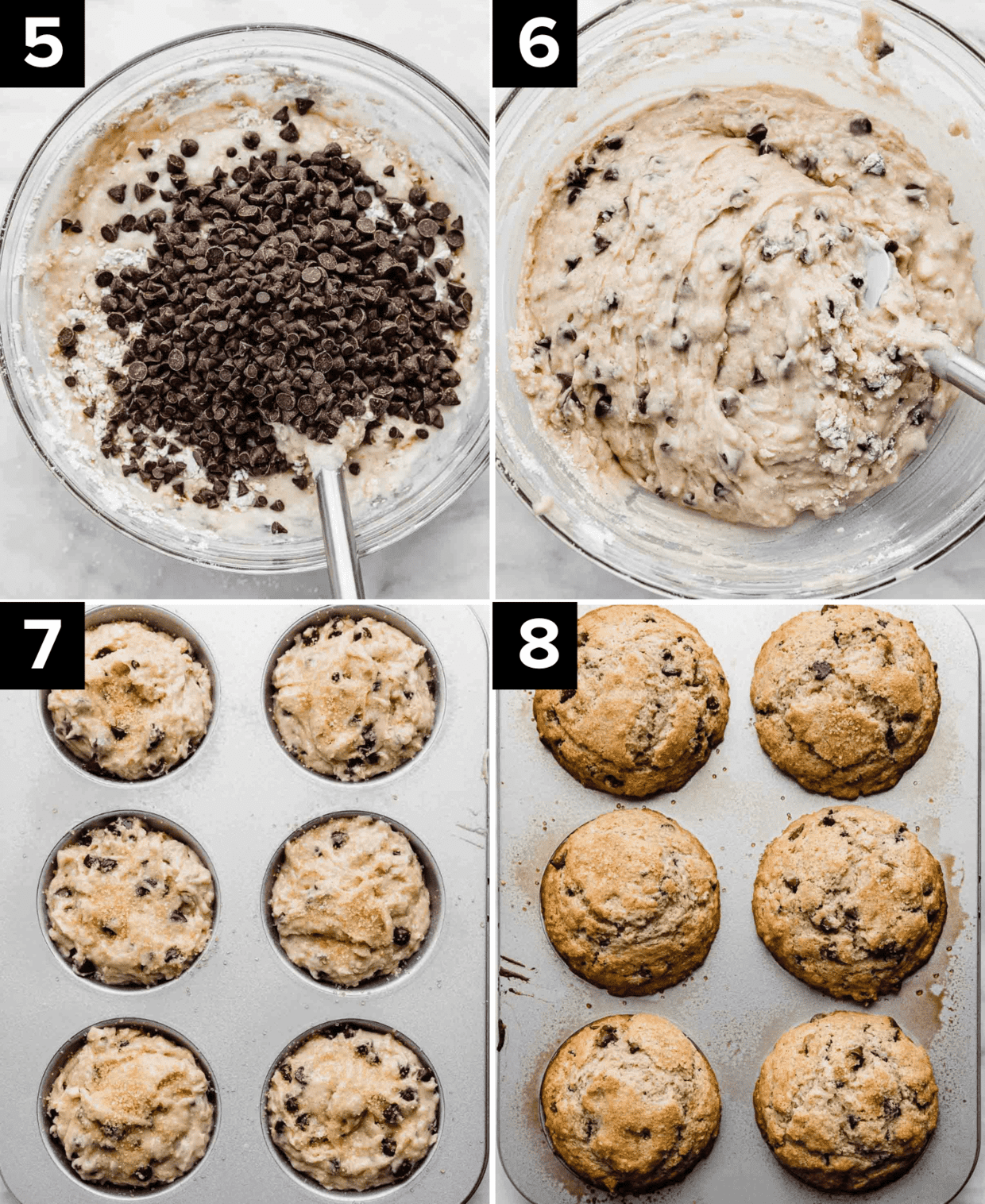 Four images, top left image is chocolate chips over muffin batter, top right image is chocolate chip muffin batter in a glass bowl. Bottom left image is unbaked Bakery Style Chocolate Chip Muffins in jumbo muffin tin, and bottom right image is Bakery Style Chocolate Chip Muffins in a six jumbo muffin tin.
